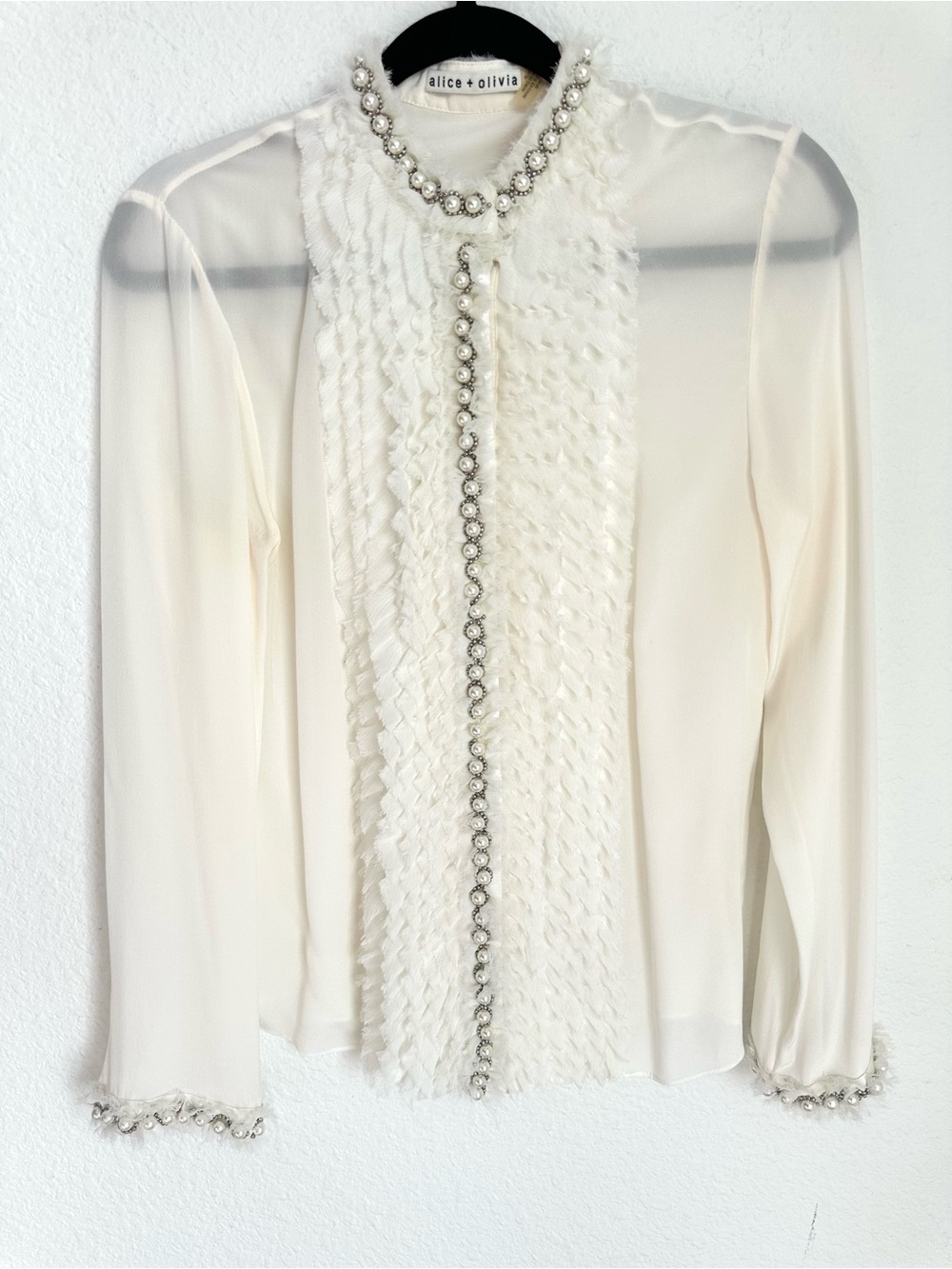 Alice and Olivia Arminda Ruffled Pearl Blouse pearl embellishments Medium Silk - Picture 5 of 17